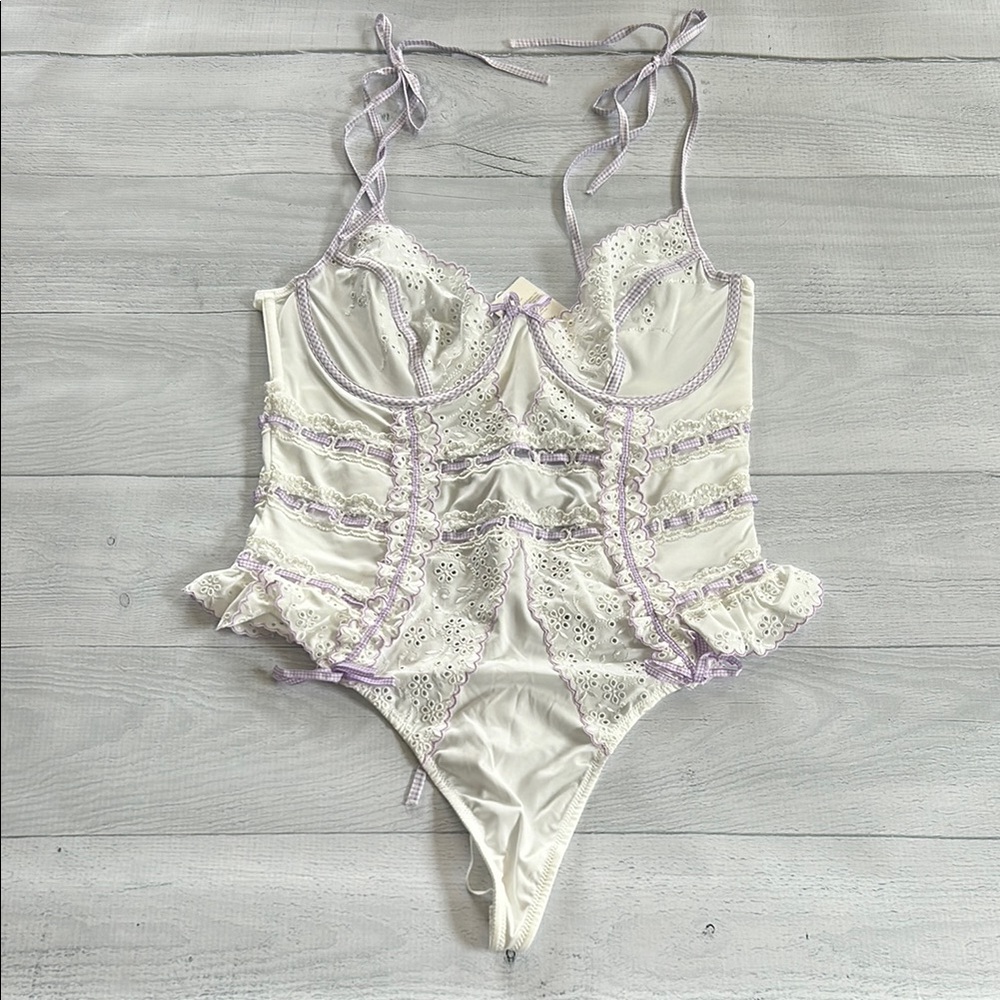For Love & Lemons Daisy Eyelet Teddy Bodysuit Lavender Gingham Trim Size 36C